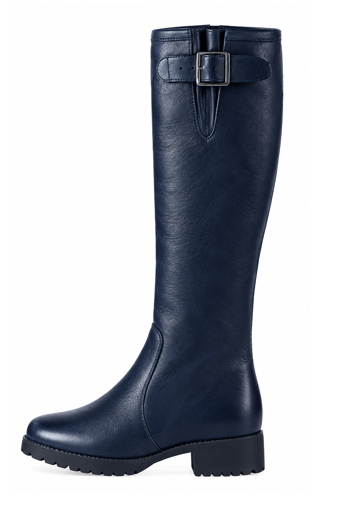 Women's navy blue custom-made buckle knee-high boots with round toe and chunky rubber lug sole - Profile view